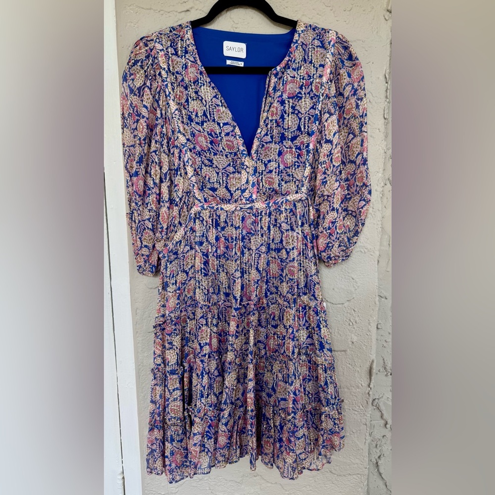 SAYLOR Long Sleeve Floral Dress in Blue and Pink